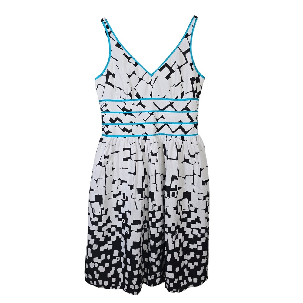 Amanda Lane Womens 14 Geometric Abstract Midi Dress White Black Turquoise Cotton